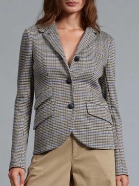 Rag & Bone Slade Plaid Blazer Size 8 Blue Brown Black Houndstooth Stand Collar
